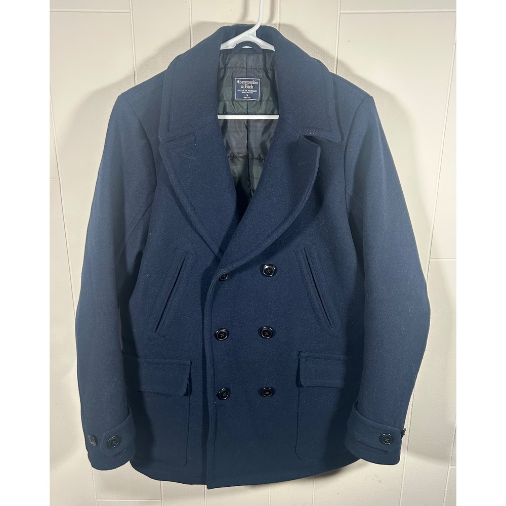 Abercrombie & Fitch Mens Wool Blend Pea Coat Navy Blue Plaid Lined Jacket M